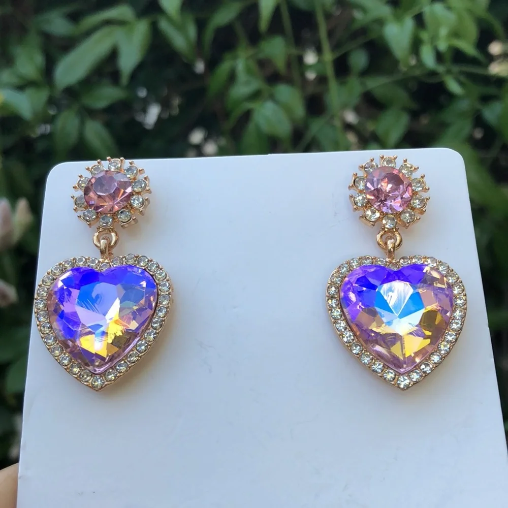 Pink + Purple Crystal Heart Halo Drop Earrings